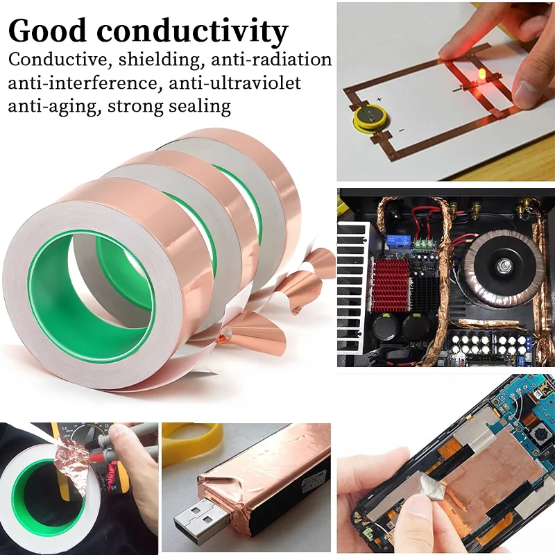 10M Copper Foil Tape Heat Resistant Double-sided Conductive Adhesive Strip for Electrical Soldering Stained Glass Repair