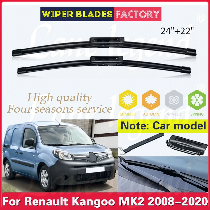 

For Renault Kangoo Mk2 2008 - 2020 Front Window Wiper Blades Soft Rubber Windshield Windscreen Cleaning Car Accessories 24"+22"