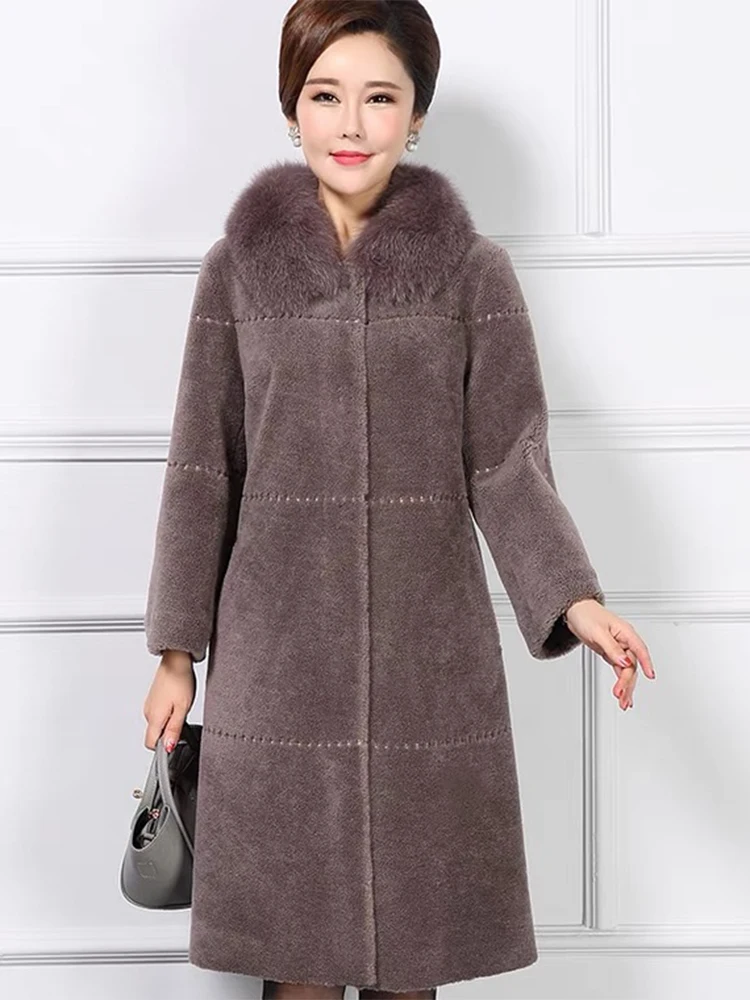 Women Winter 100% Woolen Chocolate Long Jacket Coat Real Fox Fur Collar Long Sheep Fur Winter Warm Outerwear