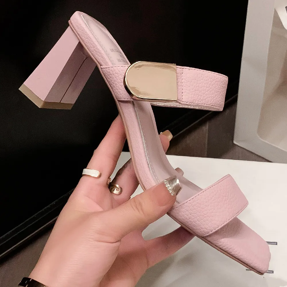 Danxuefei-zapatos de tacón alto y grueso para mujer, calzado elegante de piel de vaca con banda estrecha y Punta abierta, sin cordones, para verano