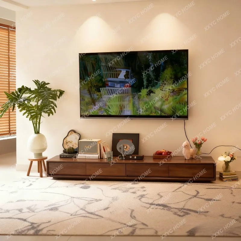 

MMJ North Black Walnut TV Cabinet New Chinese Solid Wood Living Room Locker Simple Log Small Apartment Side Cabine