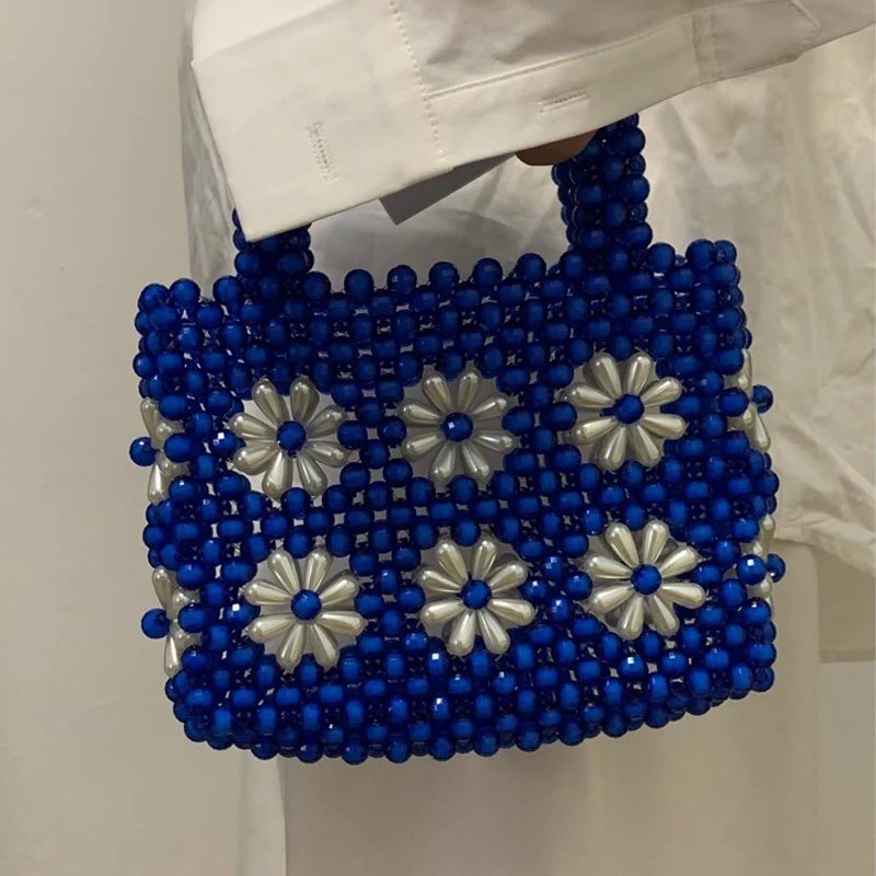 Chrysanthemum Bead Designer Bags Summer New Flower Handmade Woven Tote Bag Sweet Pearl Acrylic Handbags for Women