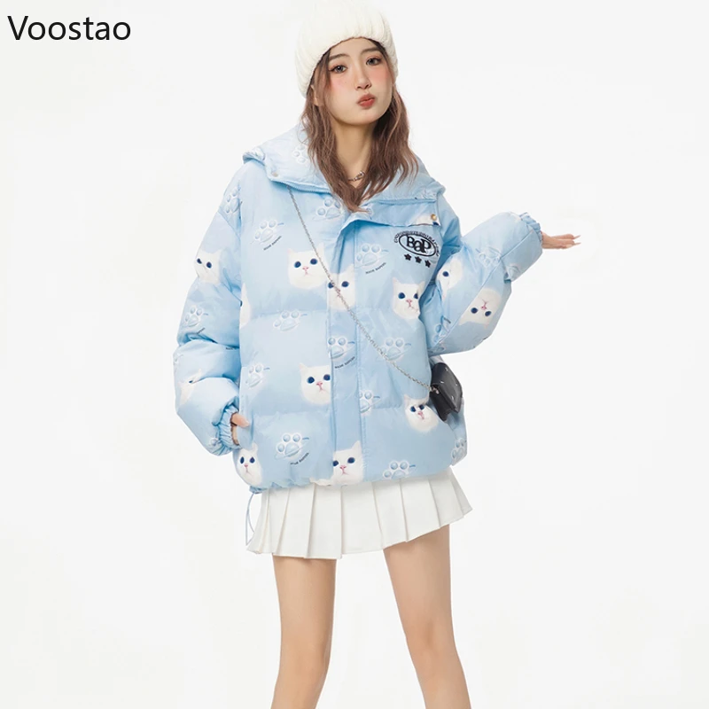 Autumn Winter Women\'s Loose Parkas Plush Cat Ear Hooded Print Warm Outwear Sweet Korean Fashion Padded Coats Y2k Ladies Clothing