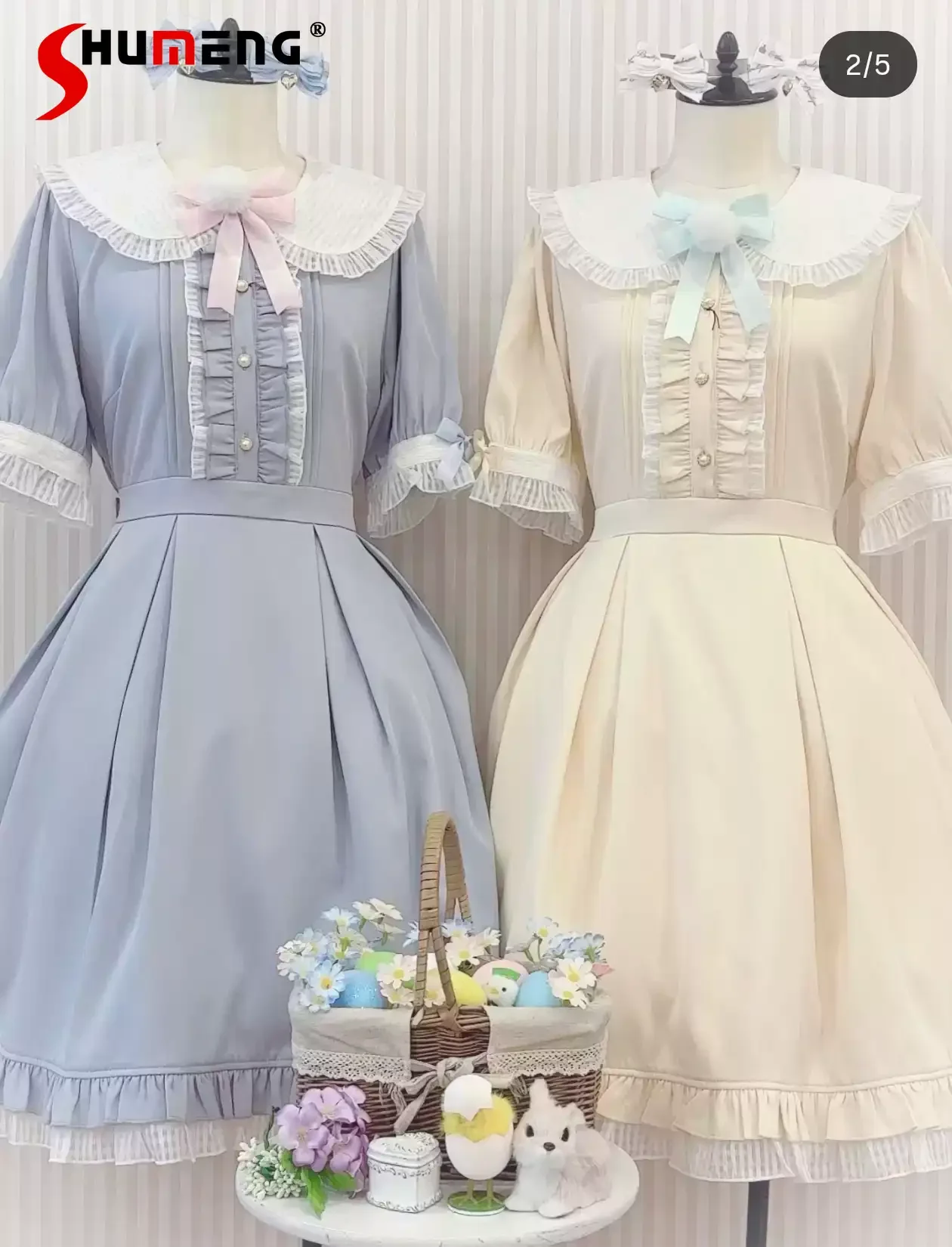 

2026 Spring Japanese Style Sweet Cute Rabbit Ear Bow Doll Collar Short Sleeve High Waist Lace-up Kawaii Lolita Dress for Women