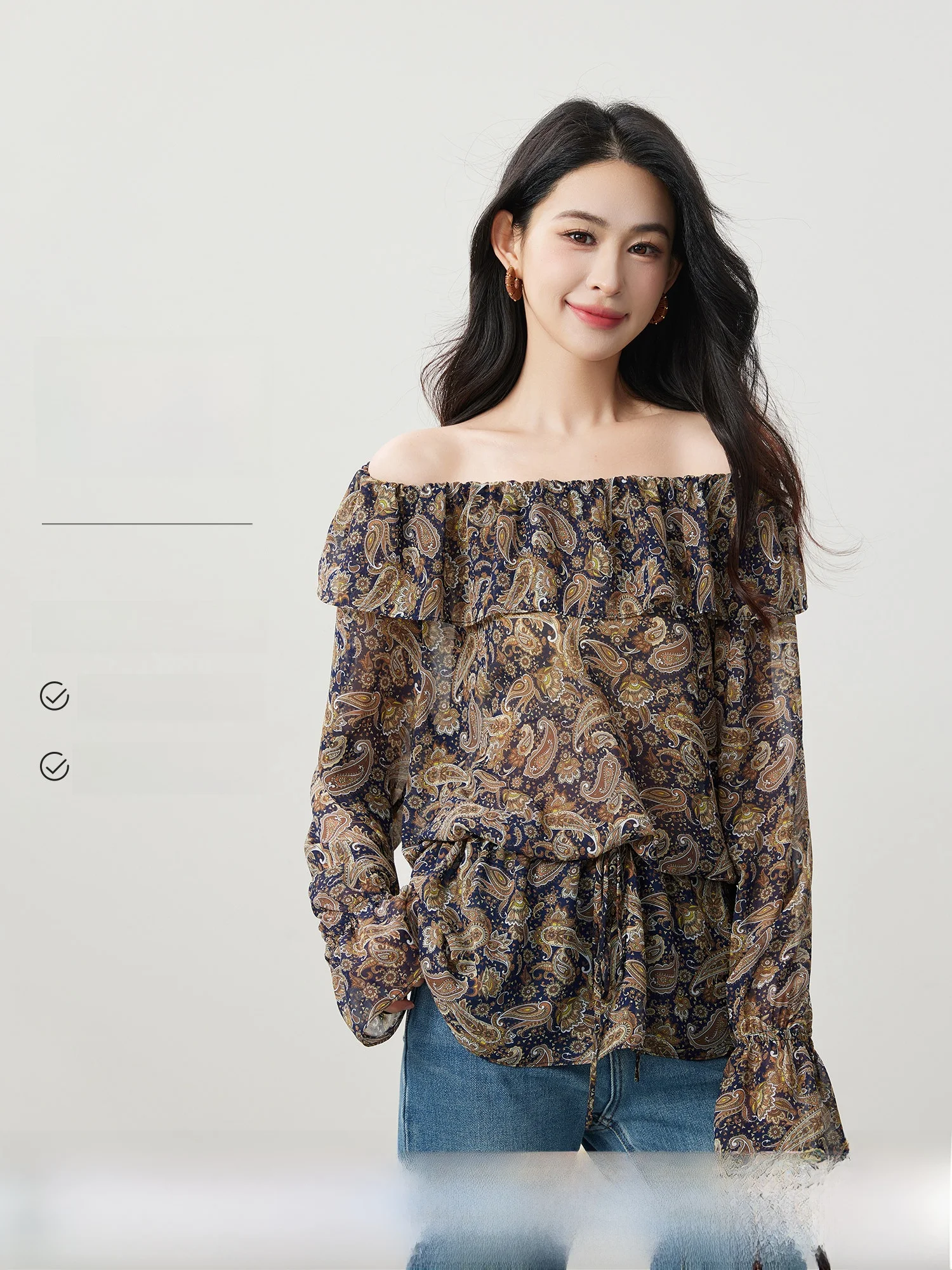 

Винтажная женская блузка с принтом пейсли, новинка весенней коллекции, с драпировкой на талии, на одно плечо, с длинным рукавом, с цветочным узором, из полиэстера