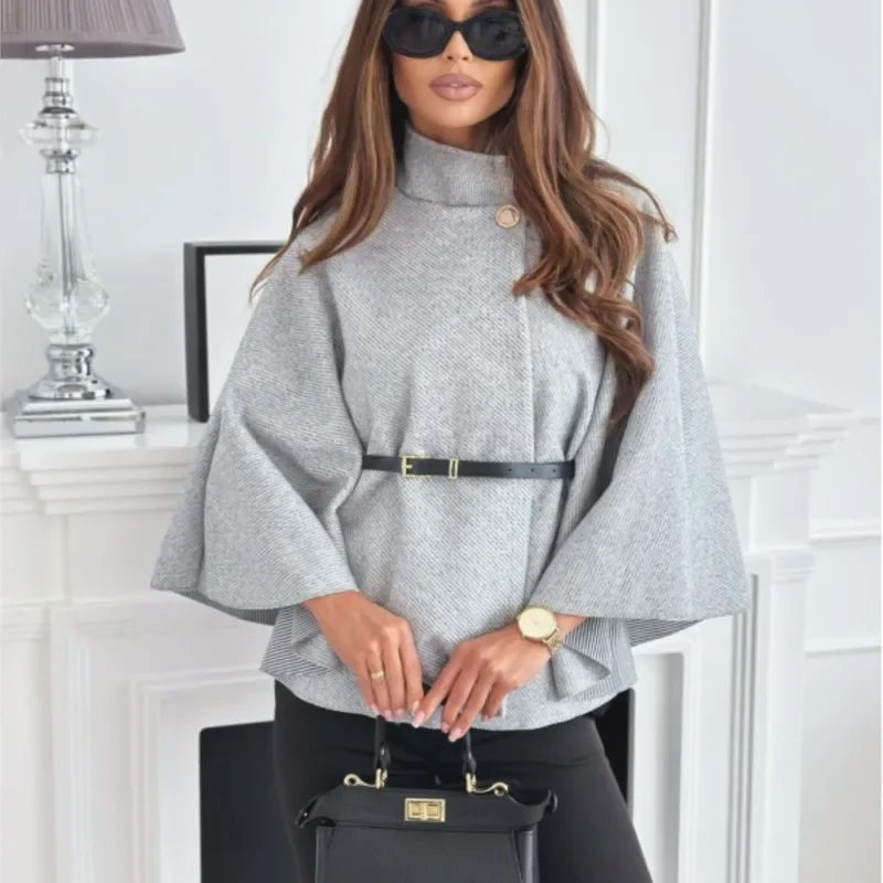 2024 Autumn Winter Women Single Buckle Batwing Sleeve Coat Elegant Lady Cloak Cape Woollen Tweed Poncho Thick Warm Loose Outwear