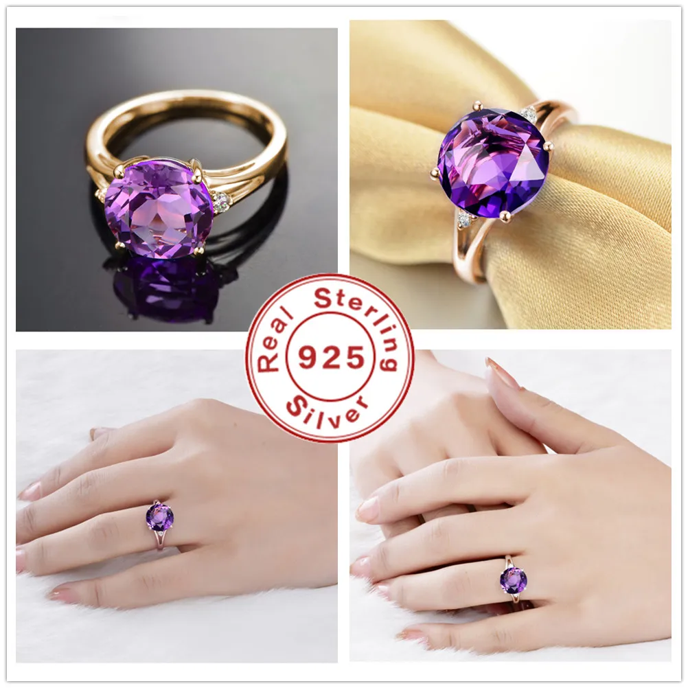 18K Rose Gold Open-Ended Ring for Women Purple Crystal Fashionable Simple Open Finger Ring 925 Pure Silver Quality