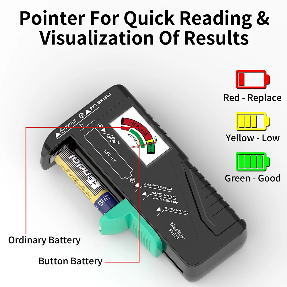 MASTFUYI AA/AAA/C/D/9V/1.5V Batterie a bottone universali Misuratore con codice colore Indica volt Tester Checker