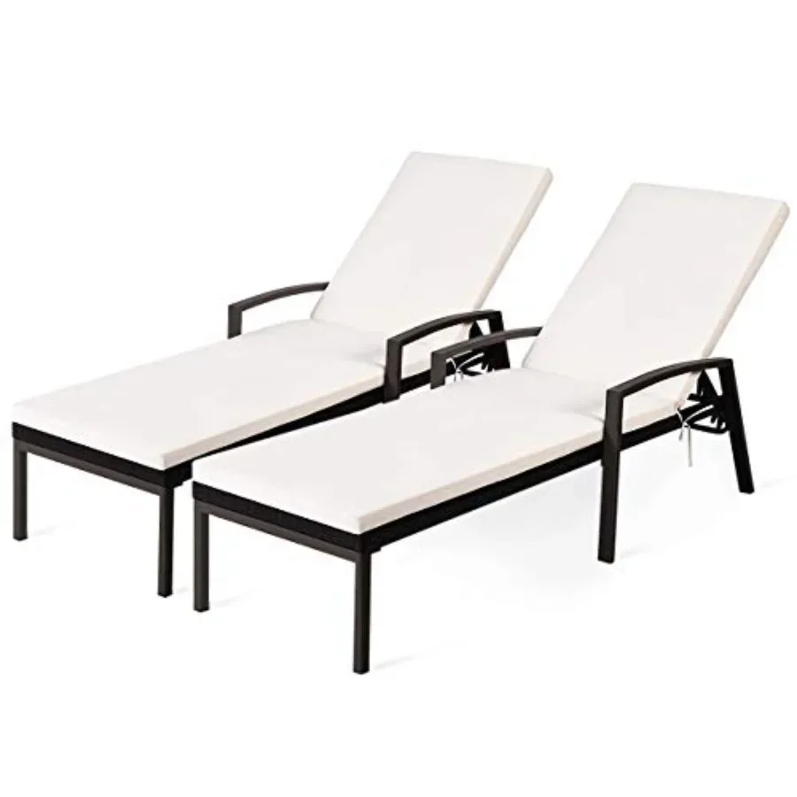 Patio chaise lounge set for outdoor use, rattan wicker material, beige color, adjustable backrest and armrest with padded cushi