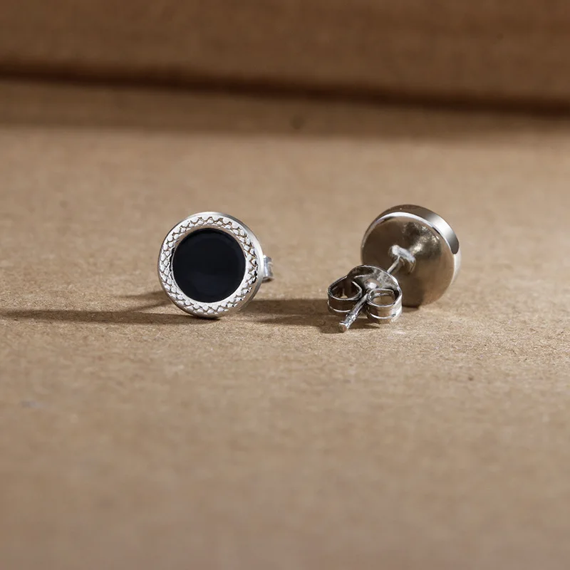 Trendy Black Round Patterned Earrings for Men Personalized Earrings Simple 925 Sterling Silver Ear Stud Male Jewelry KOFSAC