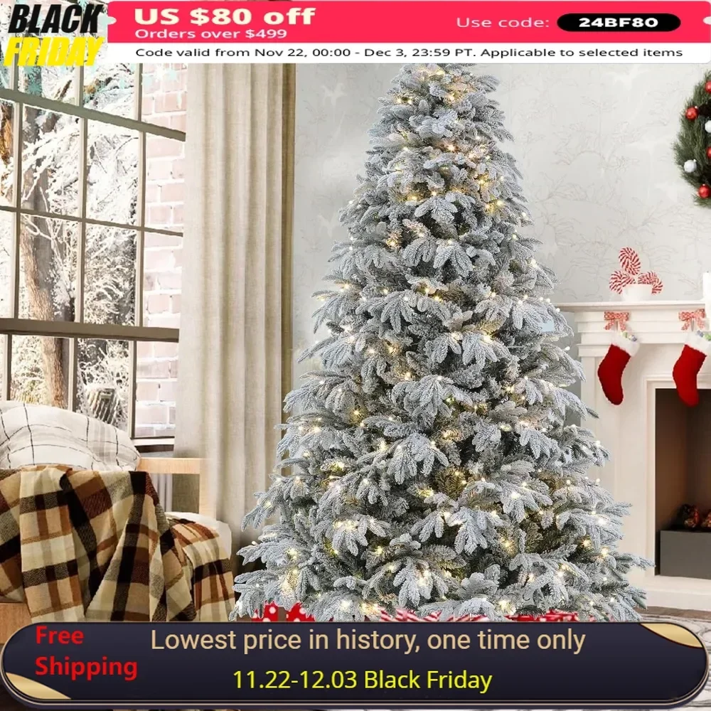 7.5 Ft Flocked Christmas Tree Prelit with 10 Functions Colorful Lights & 2700 Tips, Spruce Artificial Christmas Tree Prelit