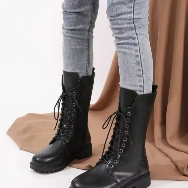 Women\'s Designer Knight Boots  Autumn Winter Fashion lace up Side Zipper Ankle Boots Woman Platform Shoes Bota De Vaqueiro