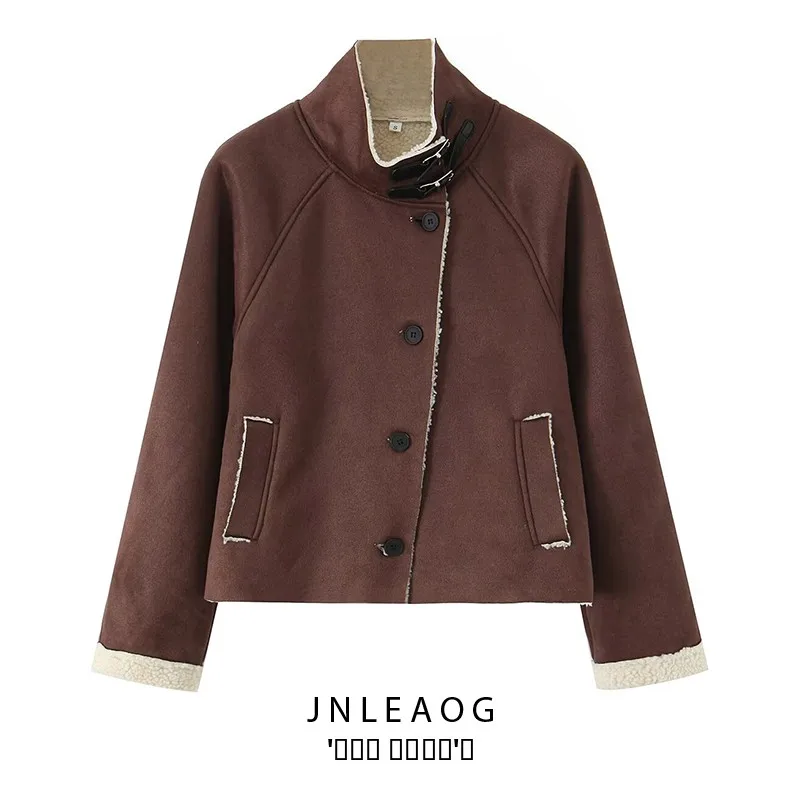 

Faionable Suede Cosite Long Sve Высокий воротник Хлопок Jaet Женская верхняя одежда Осень Новый Sle JNLEAOG Полиэфирное волокно