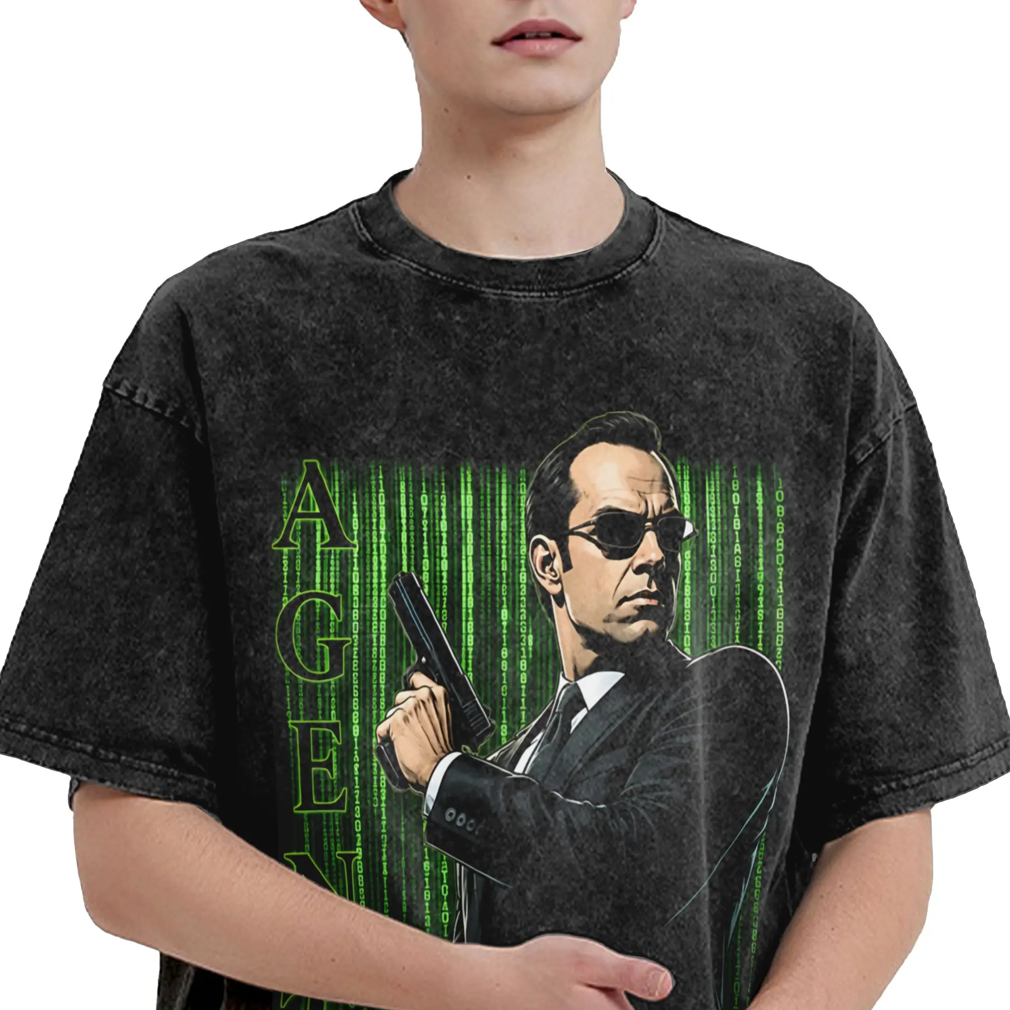 Harajuku Washed Shirt agent smith The Matrix  Outfit Vintage T-Shirts Oversize  Streetwear Short Sleeve Graphic Tee Shirt