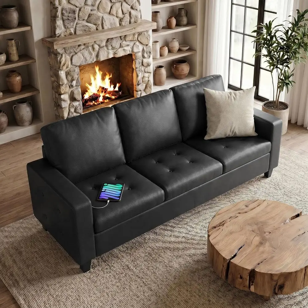 73” Black aux Leather Soa, 3 Seater Couch or Oice, Living Room | , ern, Comy, Tuted Armrest, USB , Bedroom, Aparent