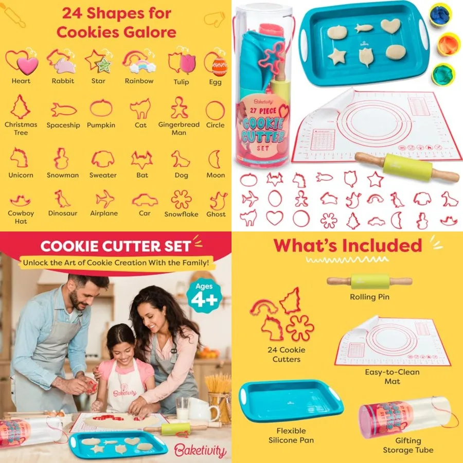

for,24 Assorted s of Basic Shapes, Seasonal, and Holiday Themes - with Rolling Pin, Silicone Baking Pan, and Non-Stick Baking M