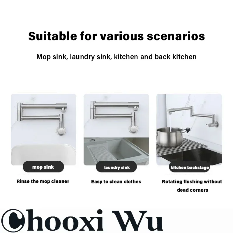 Baokemo Folding into the Wall Faucet 304 Stainless Steel Universal Rotation Faucet Kitchen Concealed Single Cold Faucet