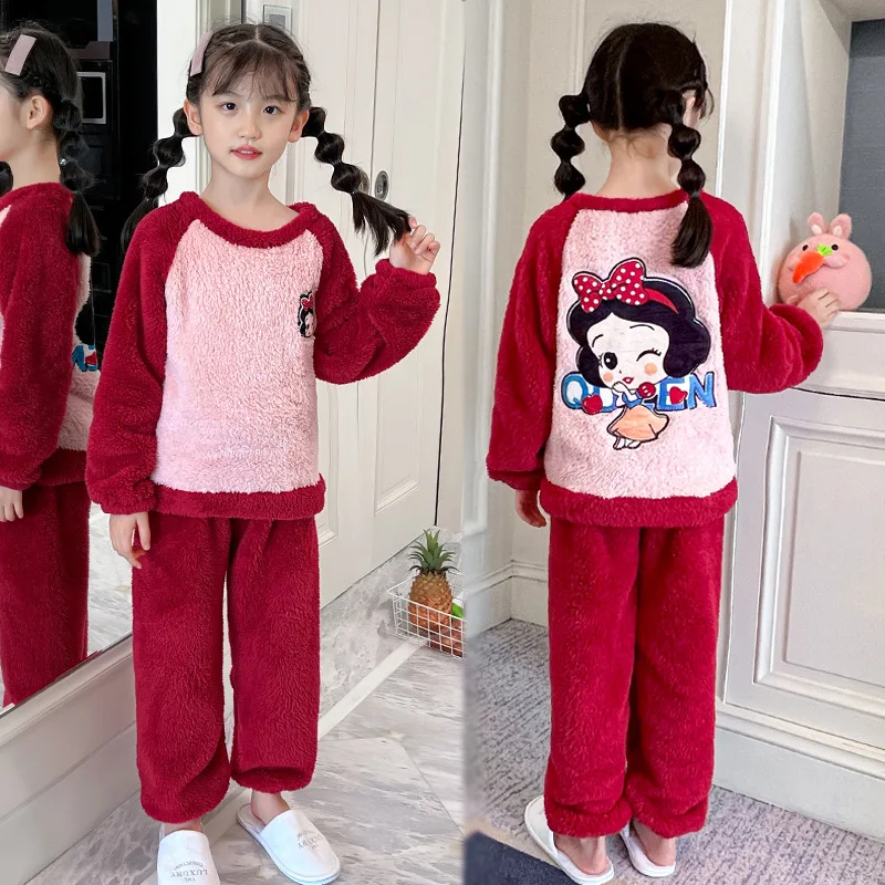 Disney Snow White Winter New Children's Crew Neck Cartoon Anime Girls Plush Cute Pajama Set