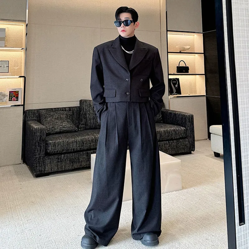 IEFB Men\'s Two-piece Lapel Niche Design Solid Color Single Breasted Blazer Pleated Straight Wide Leg Male Suit Pants New 9C8389