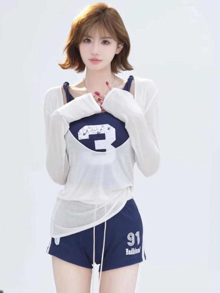 

Casual 3 Piece Sets Women Harajuku Sun Protection Tshirt + Letter Vest + Patchwork Drawstring Shorts ​y2k Aesthetic Outfits Suit