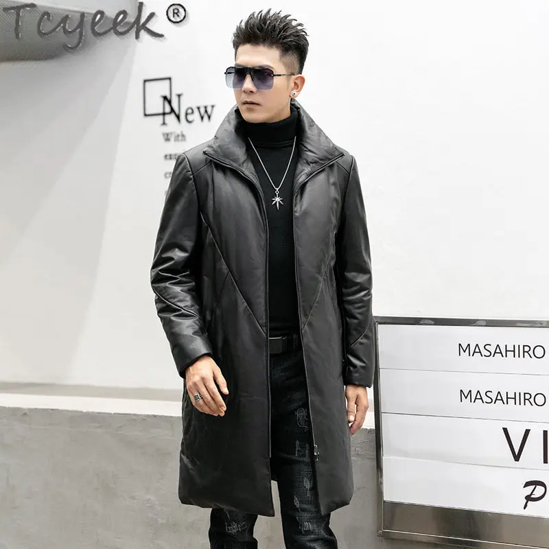 Tcyeek Winter Warm Down Jacket Men Clothing Mid-long100% Genuine Leather Puffer Jackets Thicken Sheepskin Trench Coat Male Loose