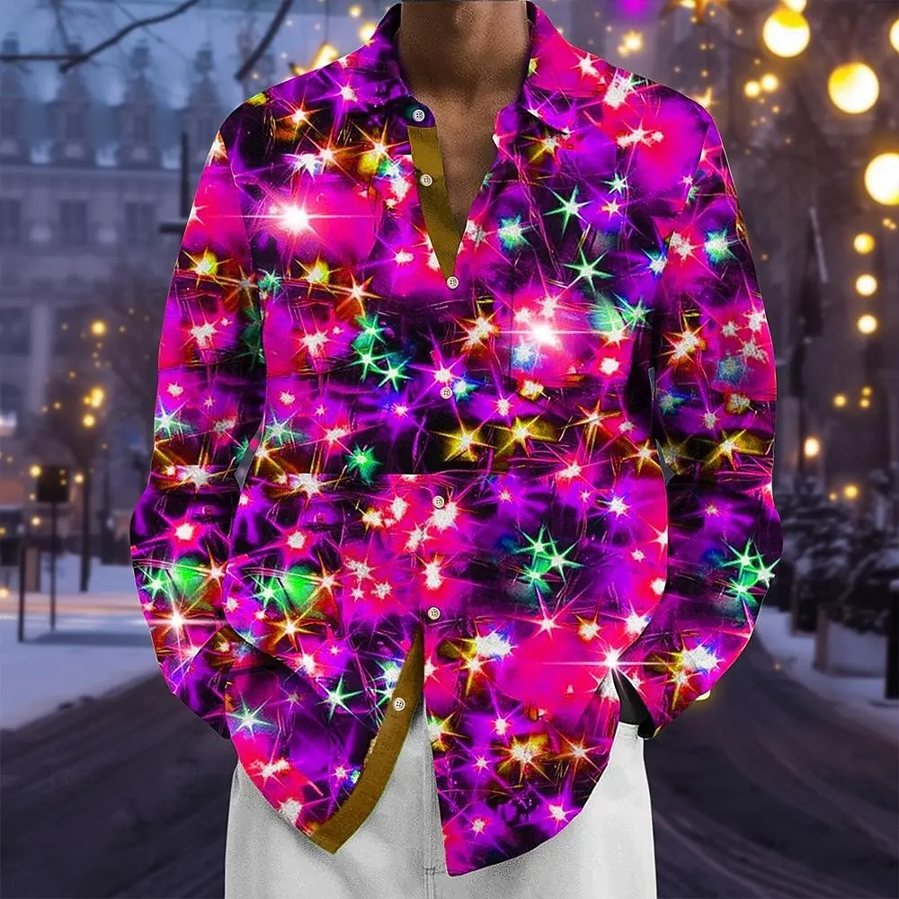

Christmas Men's Sparkling Glitter Christmas Light Shirt Button Up Shirt Long Sleeve Fashion Casual Holiday Spring Fall Turndown