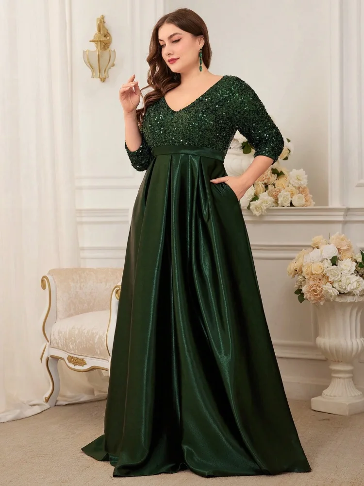 Lucyinlove Plus Size Elegant Short sleeve Sequins Evening Dress Women Satin Prom Party Green Dress Floor Length Cocktail Gown