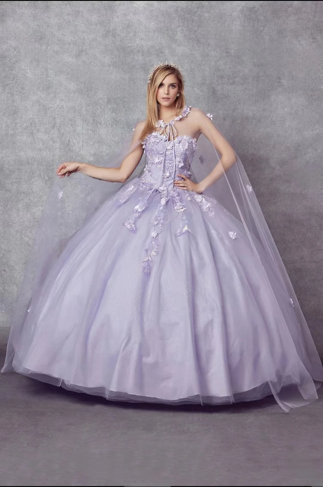 Haute Couture Sweetheart Ball Gown Butterfly Applique Handmade With Tulle Cape Halter Straps Floor-Length Birthday Party Dress