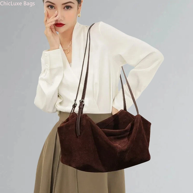 가을 겨울 부드러운 누벅 토트백 여성용 슬라우치 대형 숄더백 베개 모양 고급 캐주얼 데일리 패션 핸드백