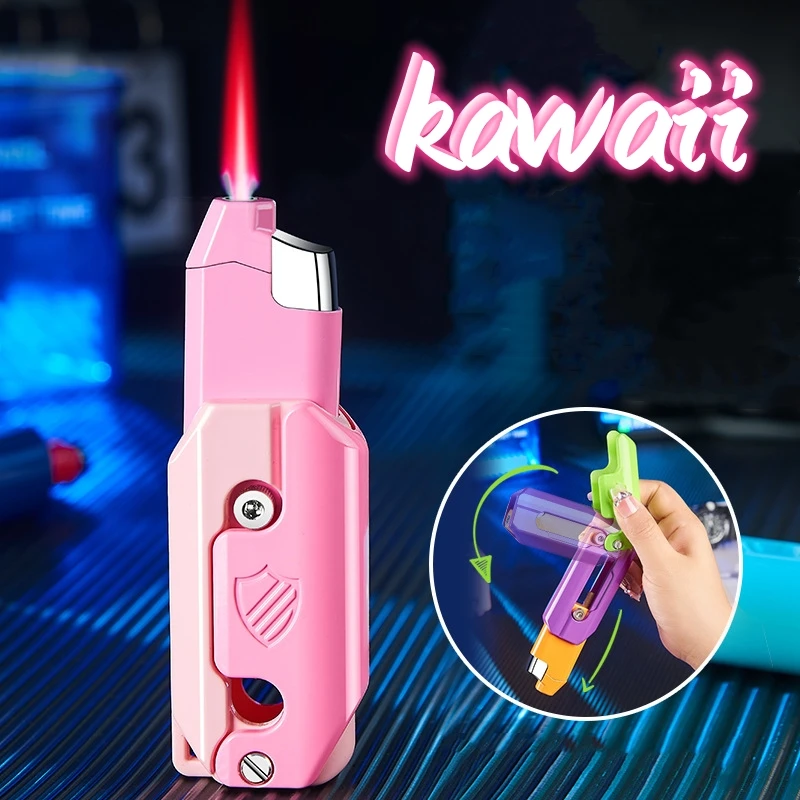 2024 New Red Flame Windproof Lighter Foldable Radish Pressure Reducing Direct Spray Butane Inflatable Lighter Cute Girl Gift