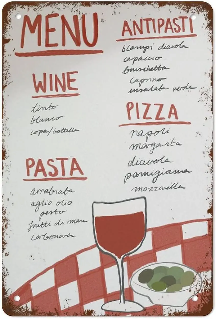 Pôster de Menu Italiano, Pôster de Massas, Pôster de Pizza, Impressão Estética para Cozinha, Decoração Divertida para Cozinha, Melhor Decoração Vintage Divertida para Casa, Placa de Metal