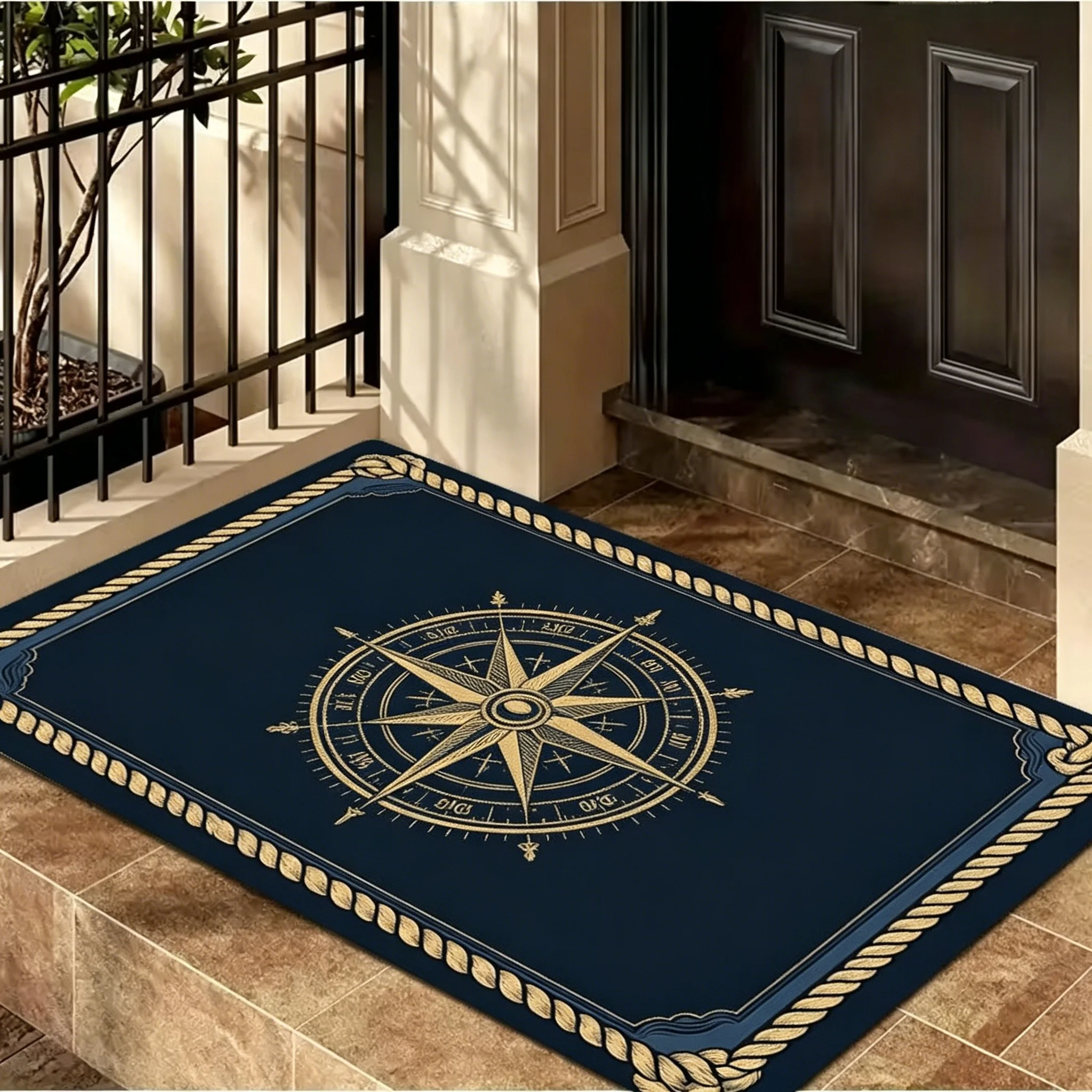 1 Naval Anchor Head Door Mat - Flannel Non Slip Entrance Mat, Machine Washable for Indoor and Outdoor Use, Rustic Style Welcome Mat, Front Door Mat, Exquisite Border, Flannel Surface, Courtyard Decoration, Coastal Style, Home Decor