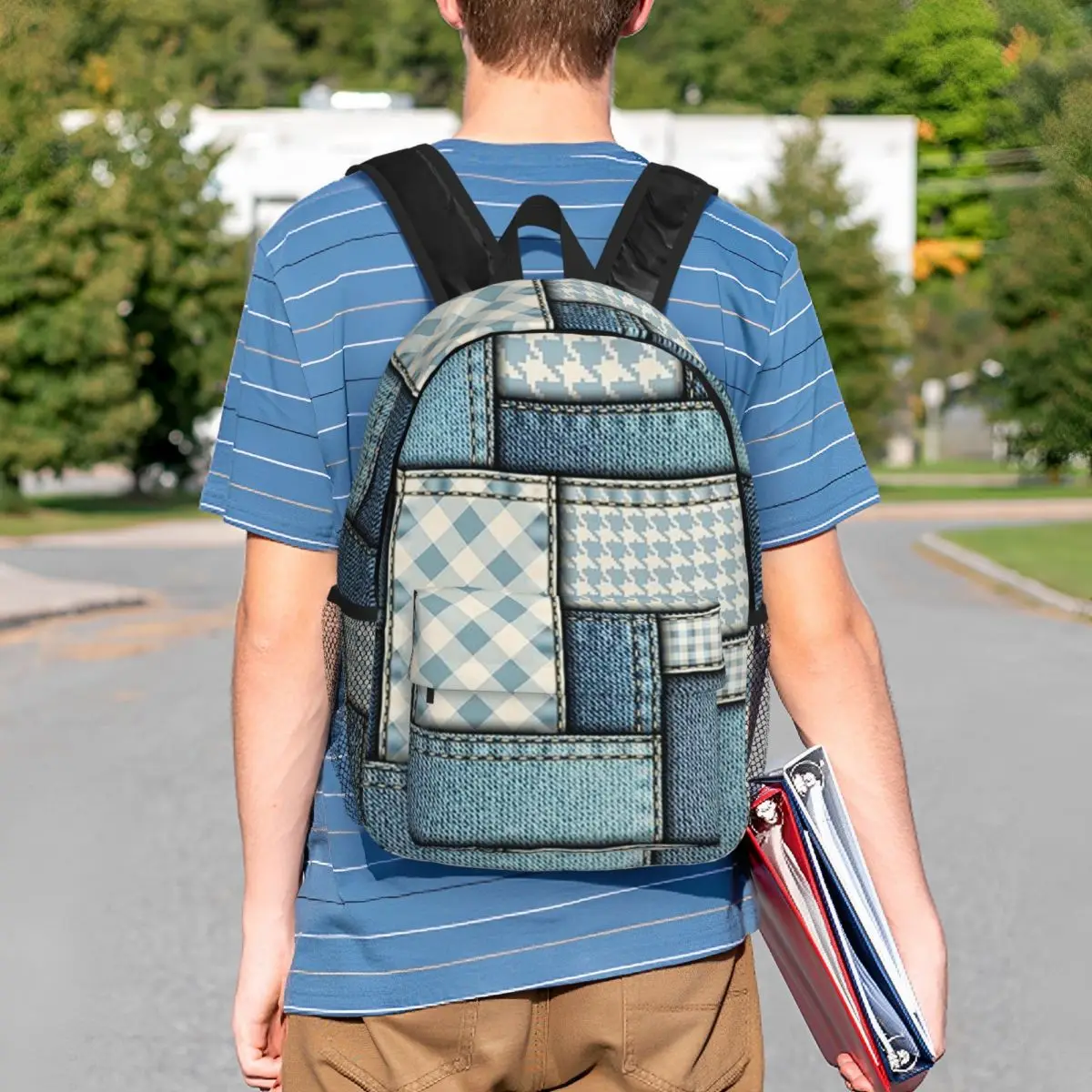 Blue Faux Denim Patchwork Quilt Design Backpack Student BookBag Children School Bag Laptop Shoulder Bags for Boys Girls