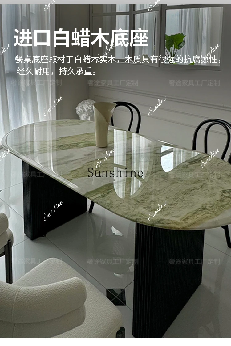 Pure natural green luxury stone French cream style oval simple dining table  FT