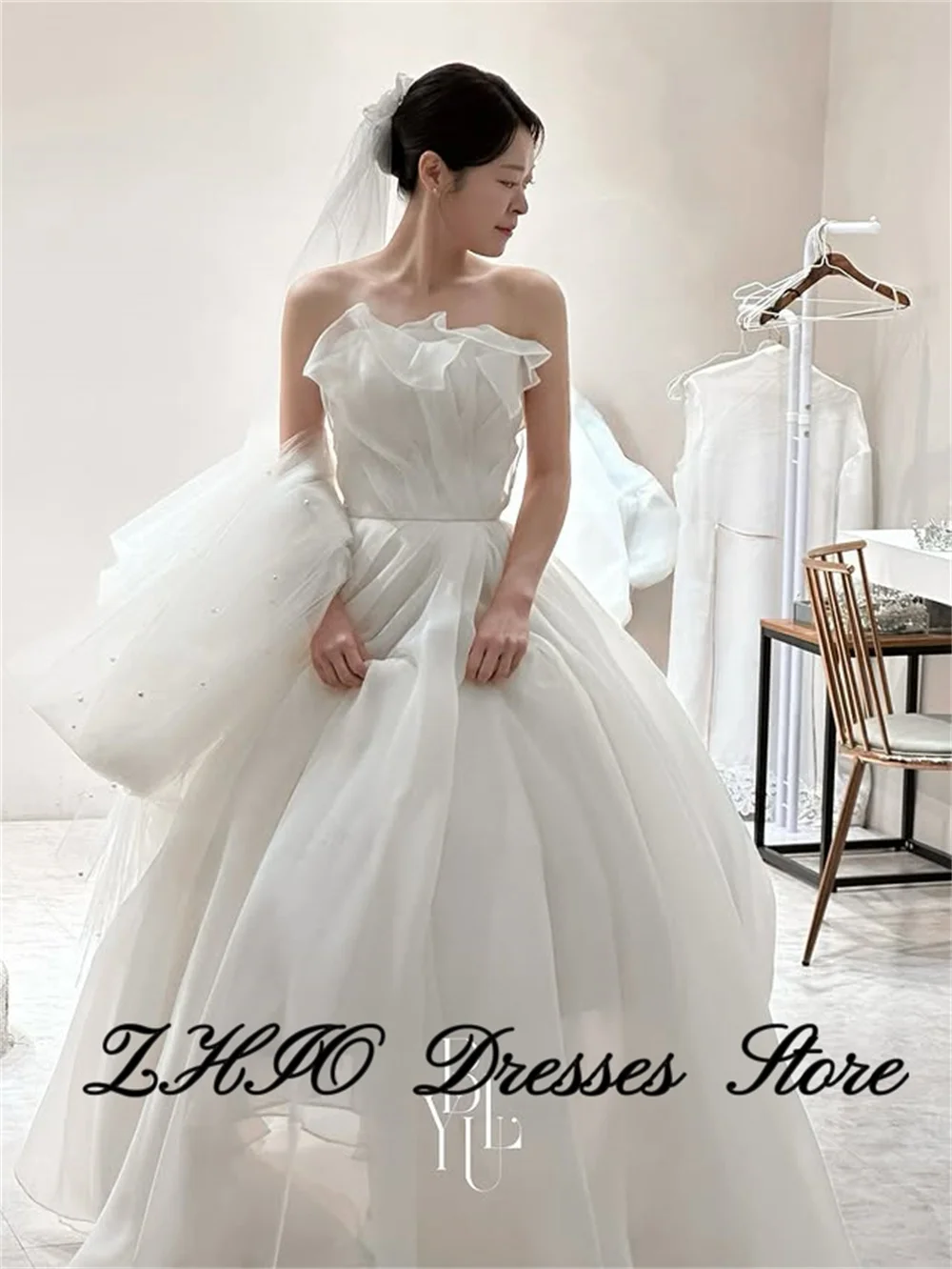 ZHIO 우아한 러플 스트랩리스 웨딩 파티 드레스 아이보리 오간자 한국 사진 촬영 신부 리셉션 가운 맞춤 웨딩드레스