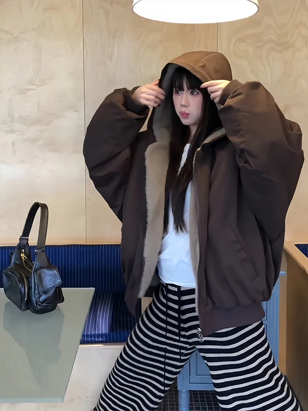 American Sle Double-Sided Wearable Cotton Jaet Quilted Thiened Warm Fur Collar Hooded Coat for Men And Women Couples