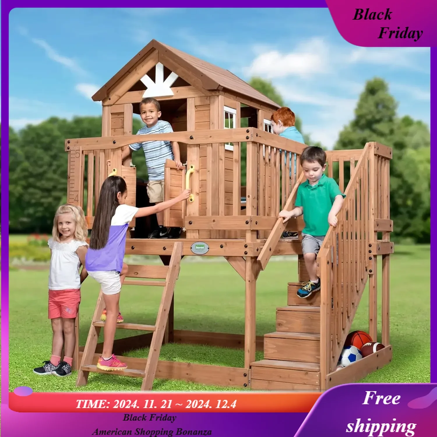 Scenic Heights All Cedar Wooden Playhouse, Upper Deck Cottage Style, Saloon Style Doors, Ladder, Stairs,Play Sink