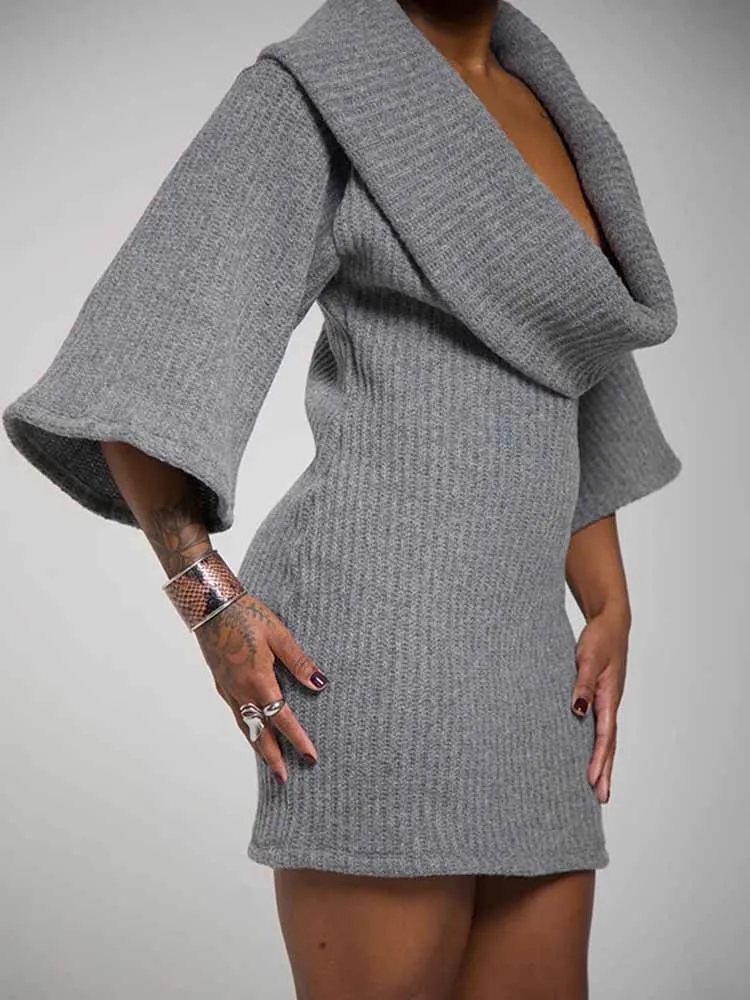 BKQU-vestido suéter gris con cuello oscilante para mujer, minivestido elegante y Sexy con cuello en V y media manga de murciélago, vestido de noche de fiesta