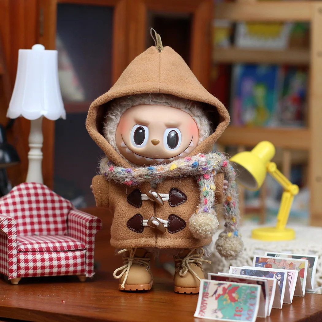Vestiti per bambole Labubu da 17 cm, cappotto invernale in lana con cappuccio e sciarpa, accessori per l'abbigliamento delle bambole Labubu.