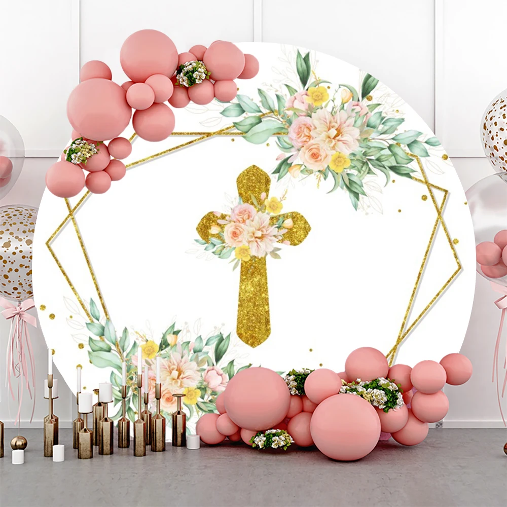 

Mi Baptism Round Backdrop Gold Cross Christening Floral First Communion Background Green Leaves Baby Shower Banner Photo Props