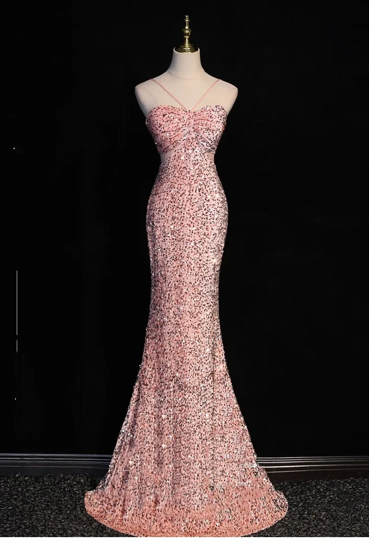 

Pink Sequin Mermaid Evening Dresses for Women 2023 New Temperament Sexy Light Luxury High end Slim Fit Host Long Dresses