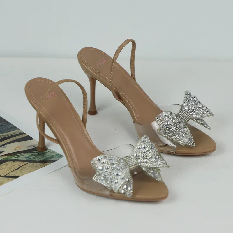 

2025 Summer Luxury Sandals for Women Bright Rhinestone Bow Transparent PVC Elegant Peep Toe High Heels Party Wedding Shoes