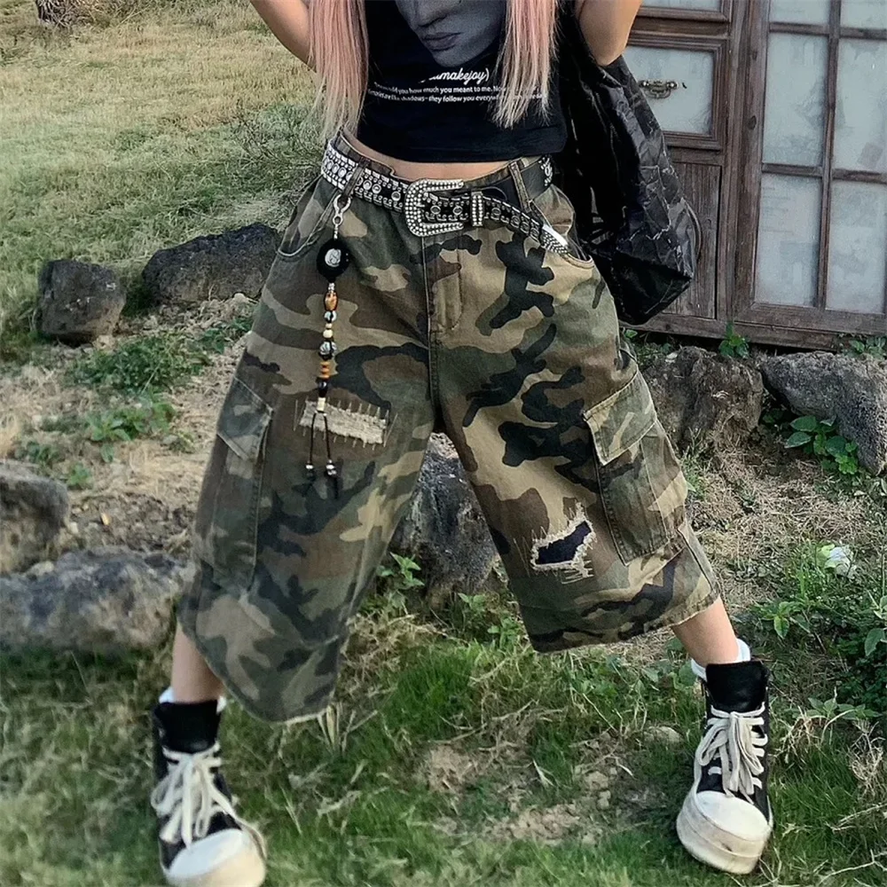 Pantaloncini di jeans mimetici americani retrò streetwear Tasche a vita alta da donna Hip Hop 2025 Jeans corti casual Y2K Grunge