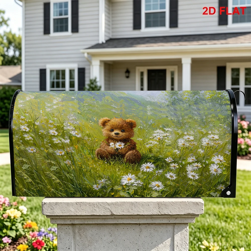 Mailbox Cover with Cute Teddy Bear Daisy Oil - painting Pattern,Spring Lawn Teddy Bear Holding Flowers