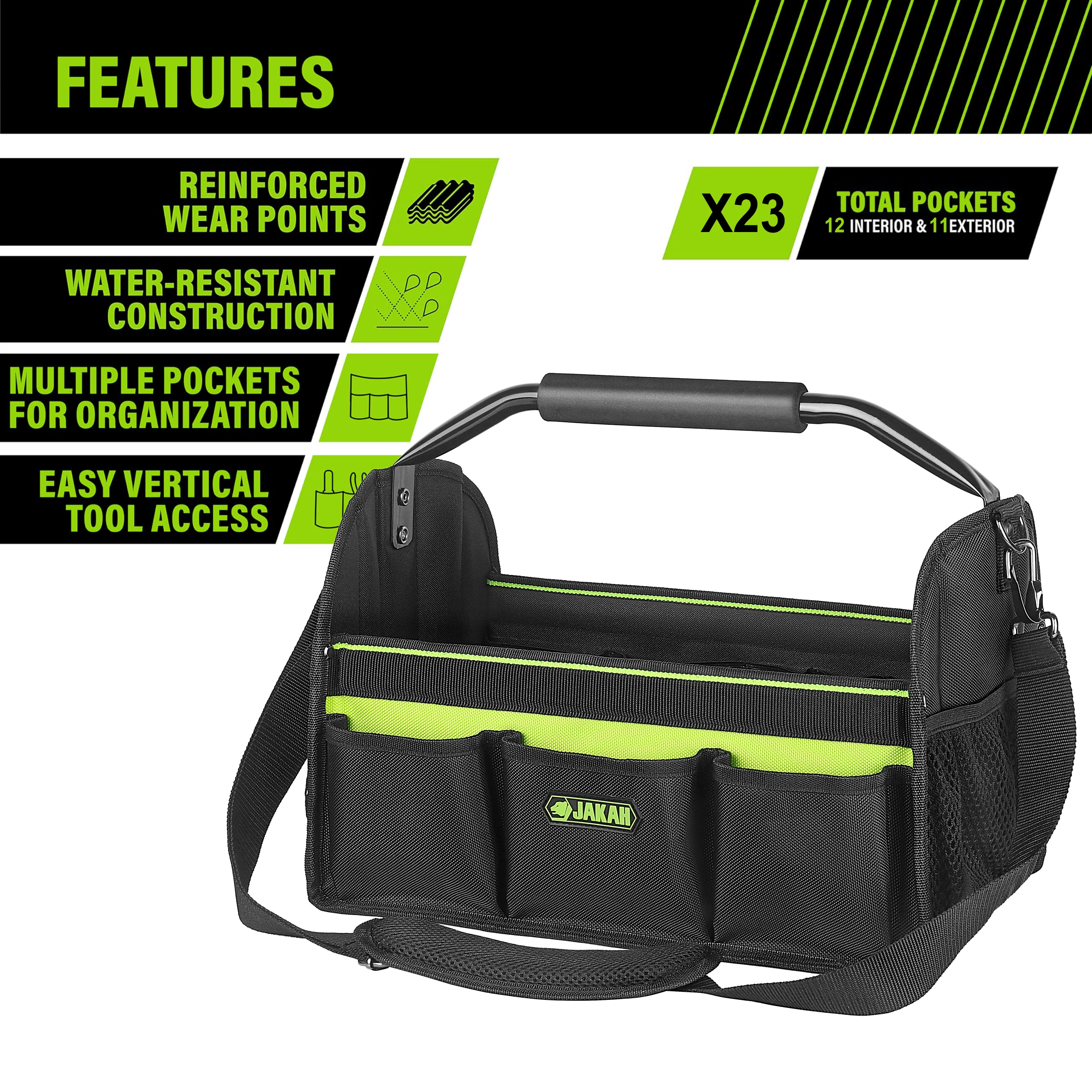 JAKAH Tool Bags, Premium Tool Bag, Black, Durable Tool Tote, for Professionals and Contractors HL155