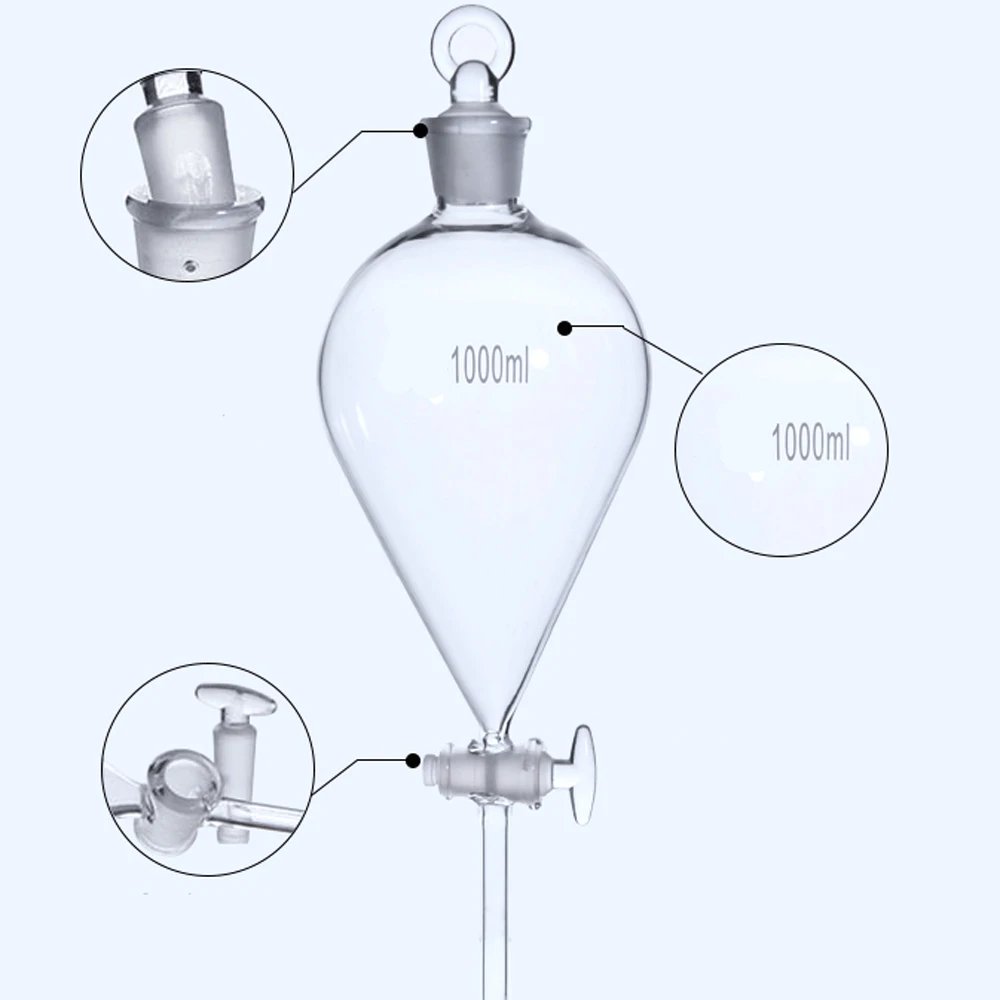 Boro de 60, 125, 250, 500, 1000, 2000ml Embudo de separación en forma de pera de vidrio que cae con tapón labrotativo, experimento químico