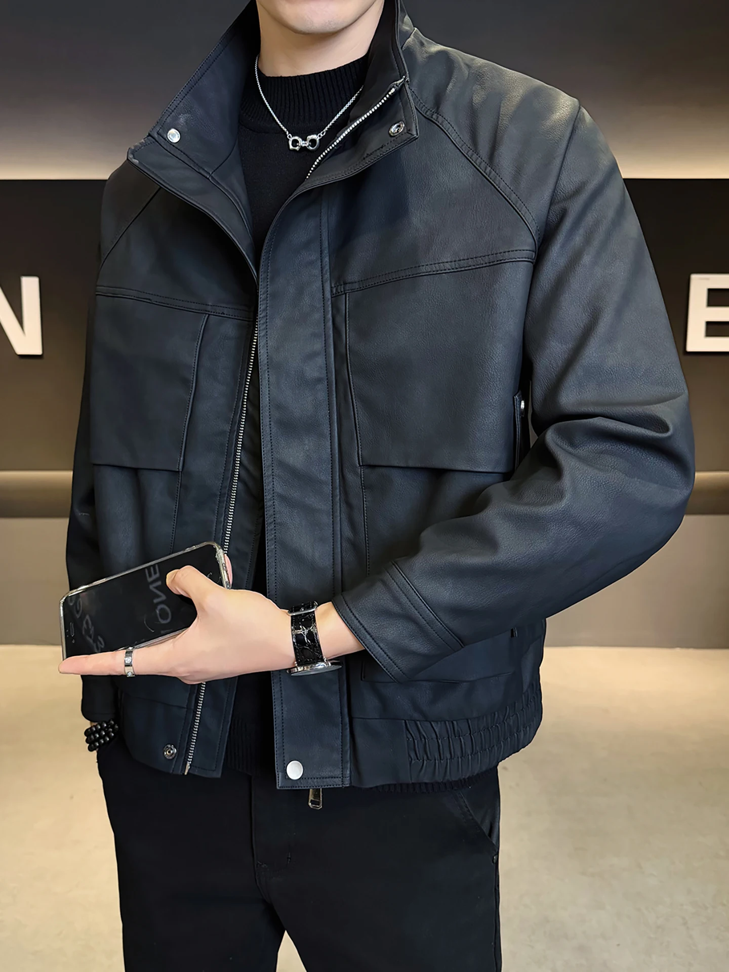 

Мужская кожаная куртка с воротником-стойкой на подкладке American Sle, осень-зима, модная брендовая элитная крутая рубашка из искусственной кожи...