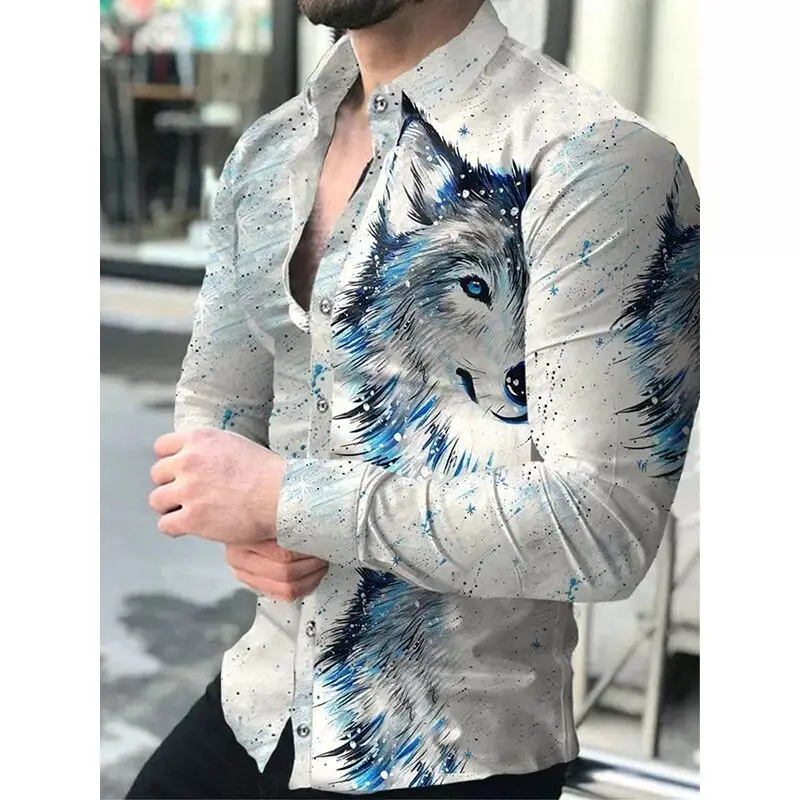 Camisa informal con solapa para hombre, camisa de manga larga con estampado 3D, con botones, para otoño e invierno, 2023