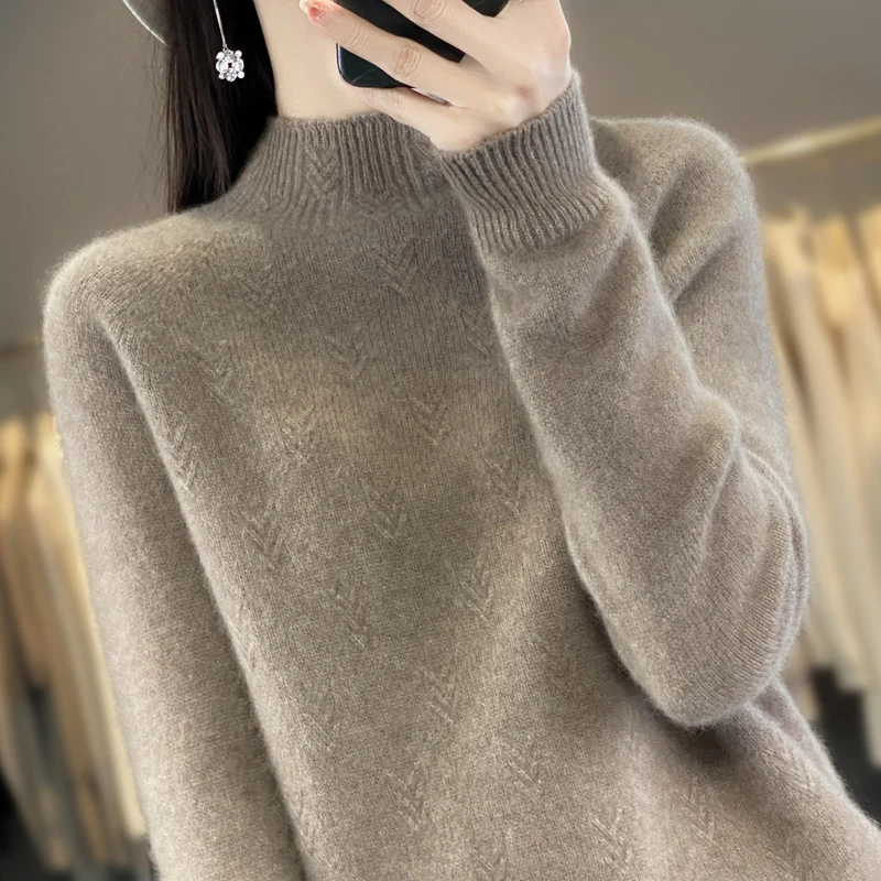 

Mock Neck Winter Sweater Women Elegant Fashion Pure Wool Warm Sueter Knit Pullover Loose Tops Casual Jersey Knitwear Jumper New