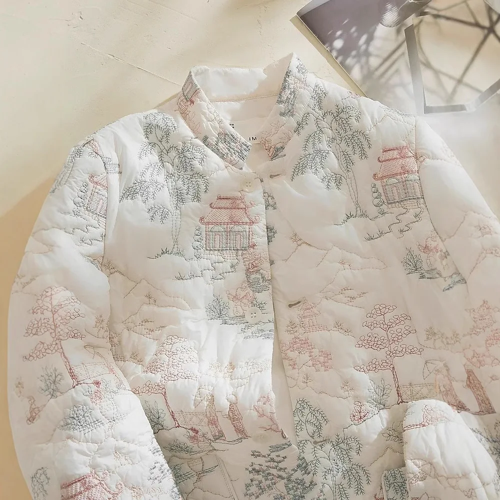 Parkas Women Coats Floral Embroidery Jackets Full Sleeve Thick Warm Y2k Streetwear Elegant Jacket Work Coat Autumn Winter 2025